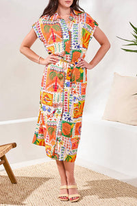 Tribal - Long Slit & Waist Pleat Shirt Dress