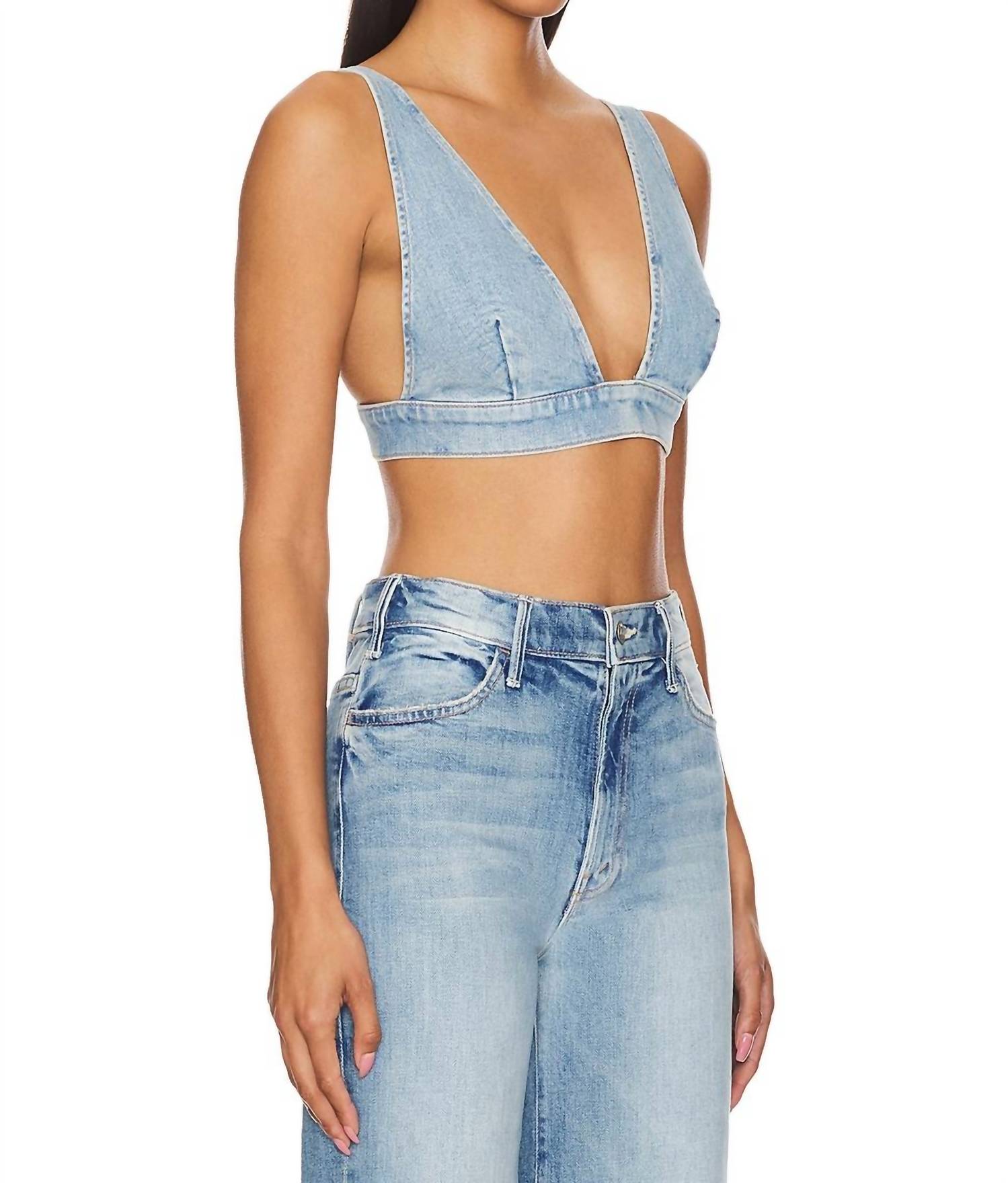 Mother Pre-loved Tit For Tat Wash Denim Bralette in i confess - women's shirt - detail view