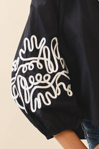 TCEC Embroidered Puff Sleeve Blouse in black ivory - women's blouse - alternate view