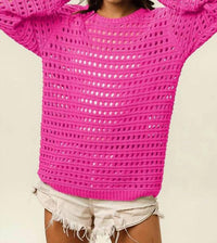 Bibi - Crew Neck Open Knit Sweater Top