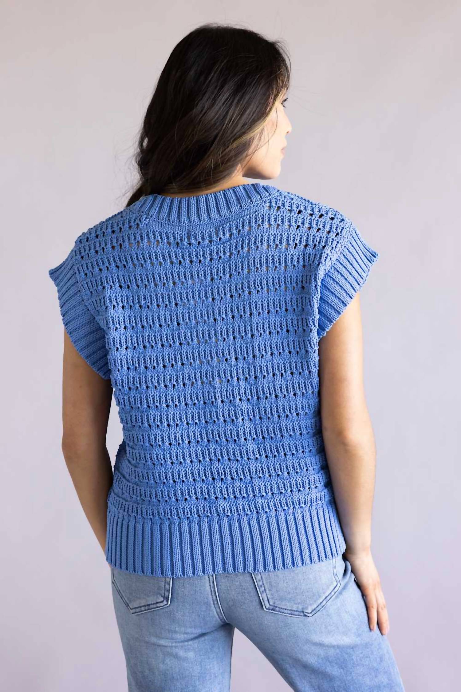 ELAN Open Knit Cap Sleeve Sweater in light blue - women's sweater - detail view