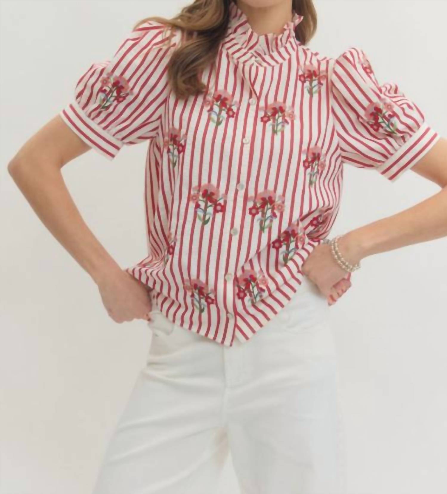 Entro - Striped Puff Sleeve Top with Embroidery