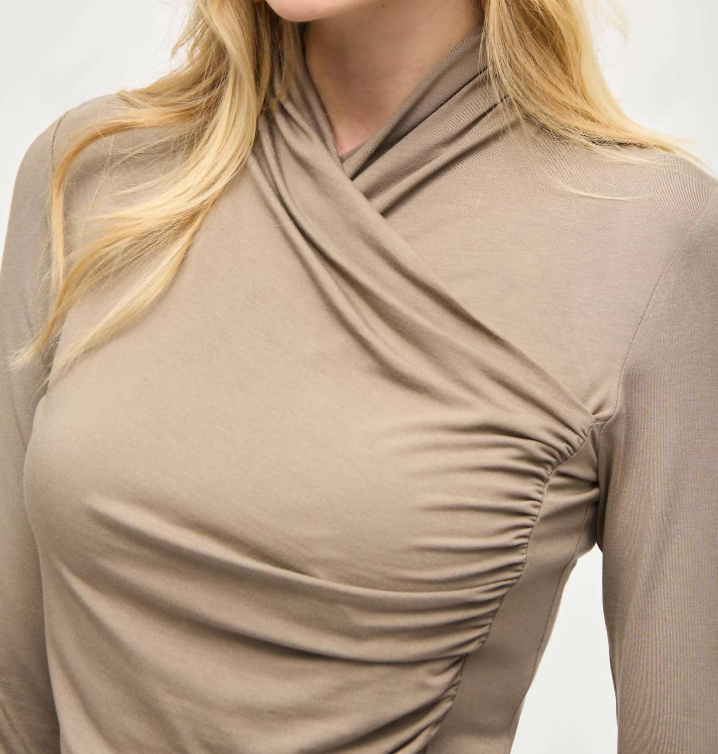 Joseph Ribkoff Long Sleeve Knitted Ruched Fitted Top in java - women's long sleeve top - view 4