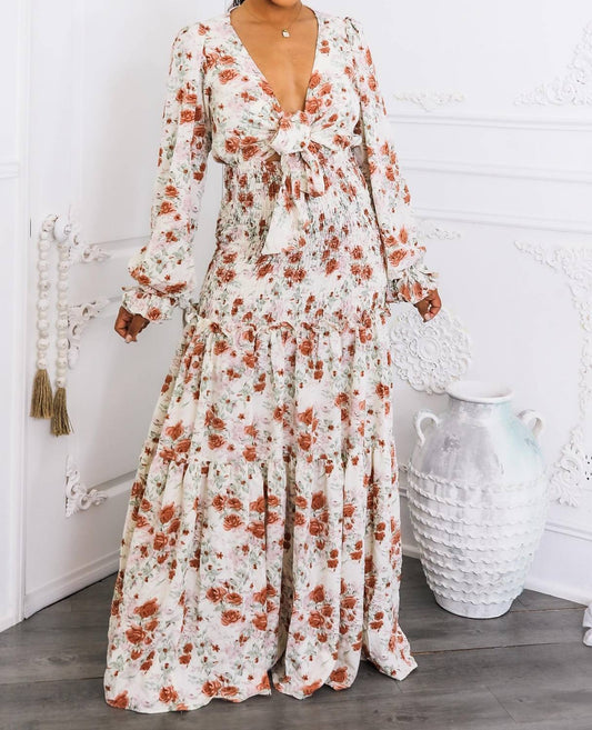 Surelymine - Floral Tie-Front Maxi Dress with Smocked Waist