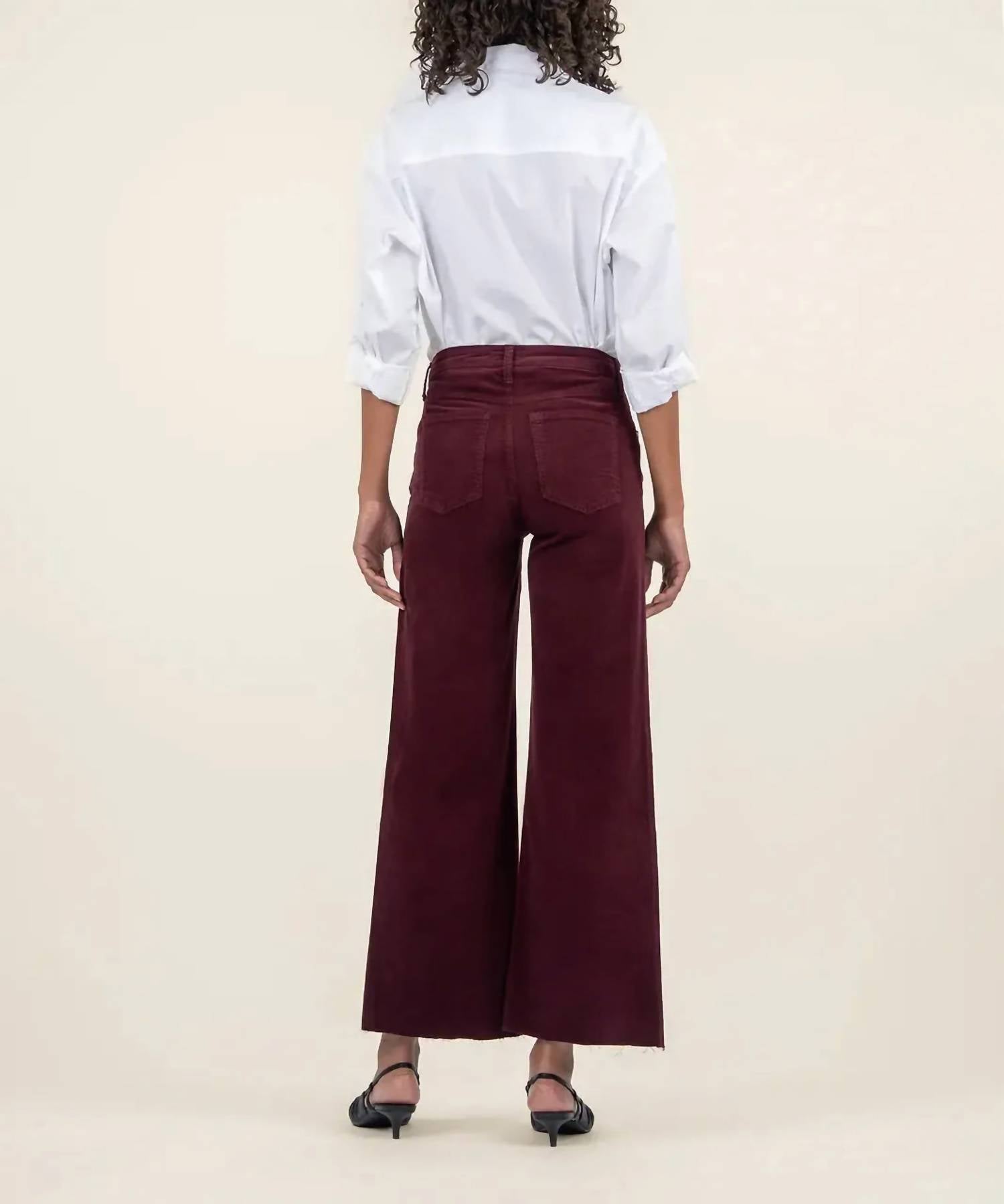 KUT FROM THE KLOTH Meg High Rise Fab Ab Wide Leg Corduroy Pants in dark plum - women's pants - detail view