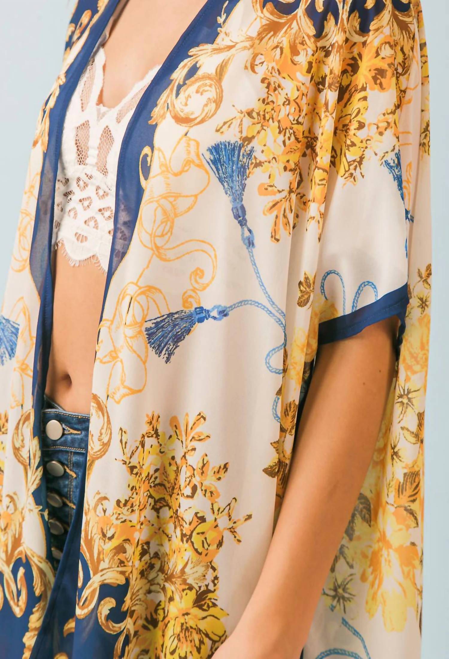 Flying Tomato - Elizabeth Scarf Print Woven Cover Up Kimono