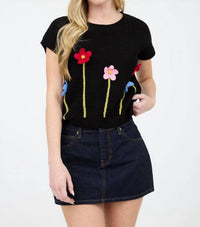 Blu Pepper - 3d Crochet Floral Short Sleeve Sweater Top