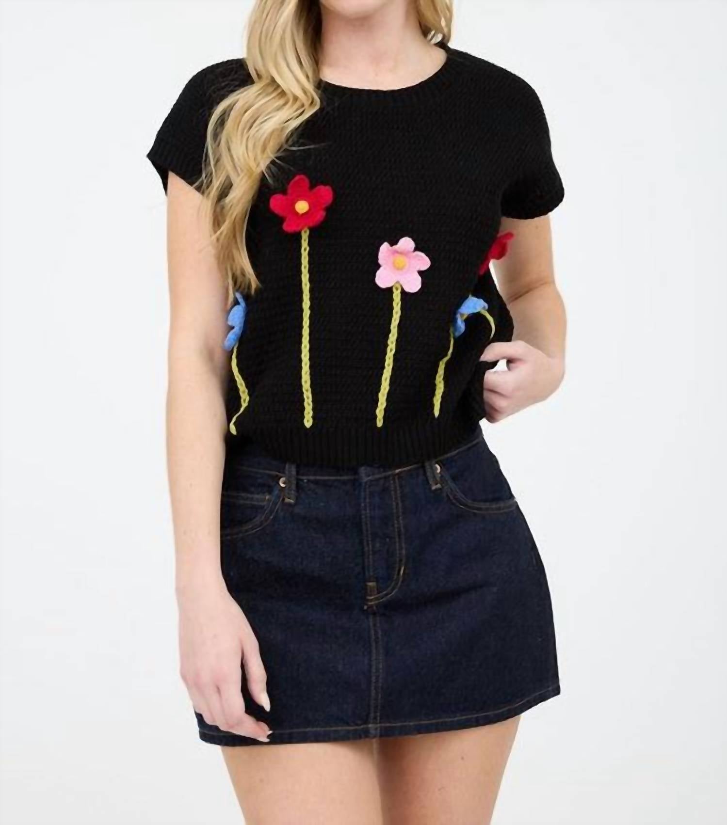 Blu Pepper - 3d Crochet Floral Short Sleeve Sweater Top