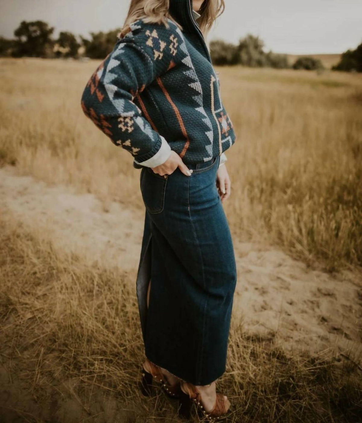 Tribal - High Back Slit Maxi Skirt