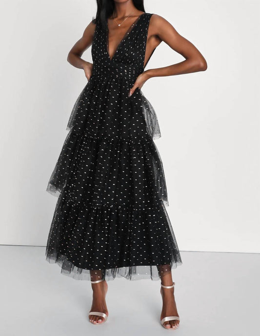 Lulus - Decadent Impression Tulle Tiered Shiny Dot Midi Dress