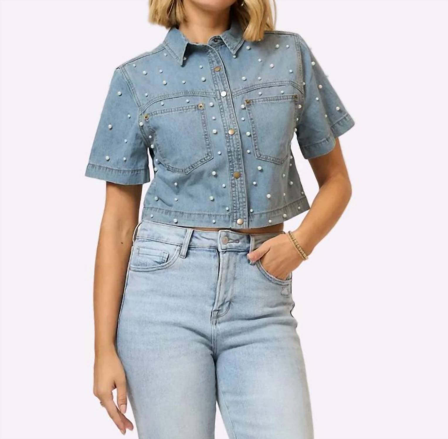 Cozy Co. - Denim Pearl Studded Jacket