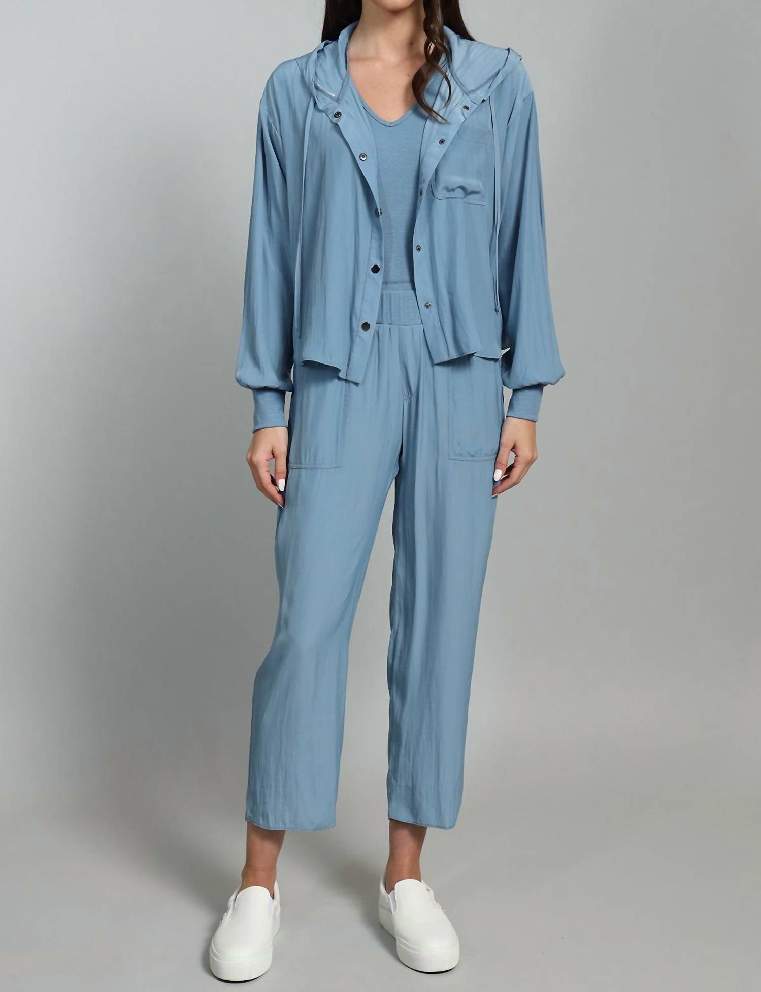 Lola & Sophie D-satin Cropped Hoodie in blue shadow - women's top - alternate view