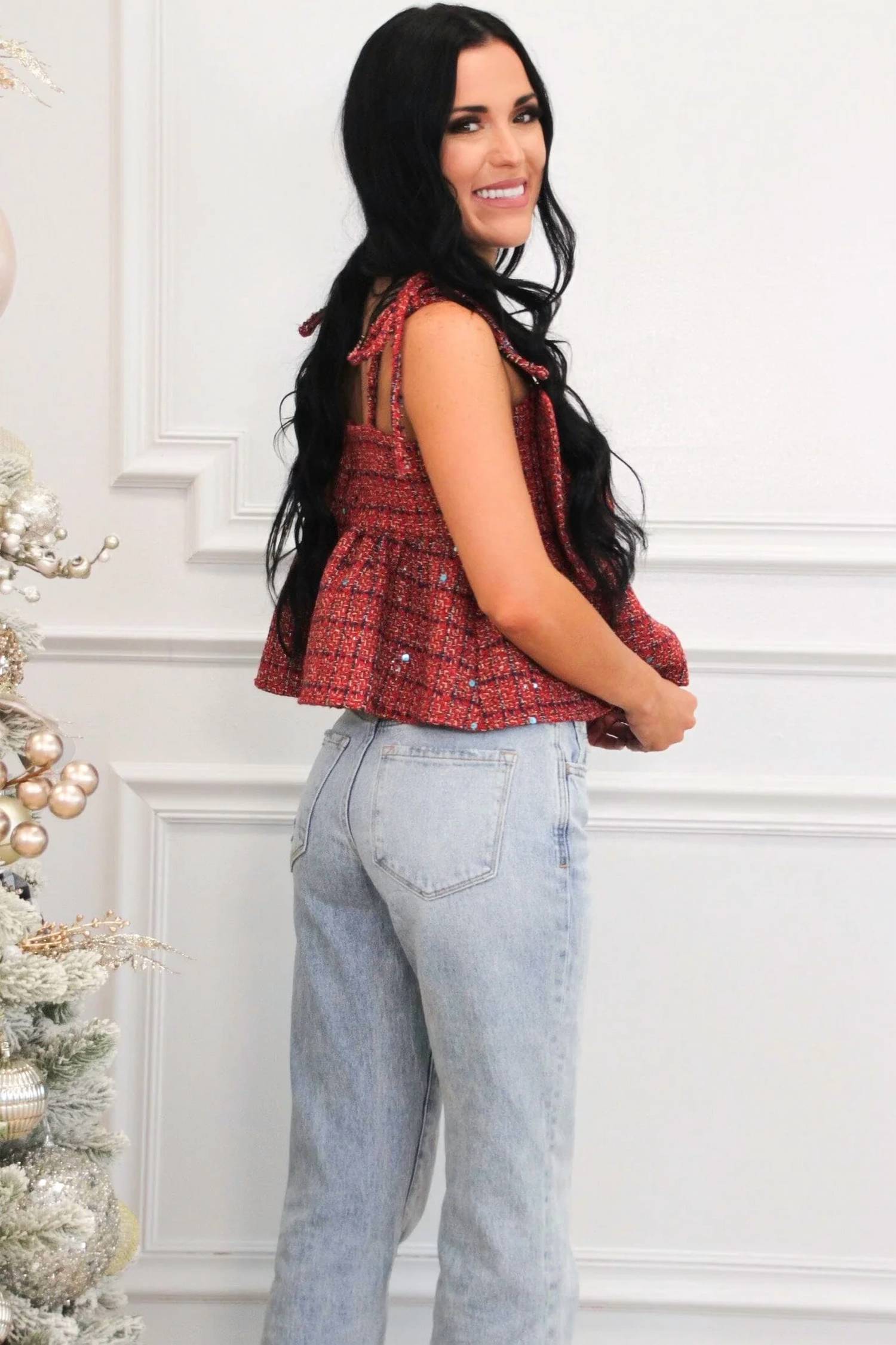 Day + Moon - Tweed Sequin Bow Strap Top
