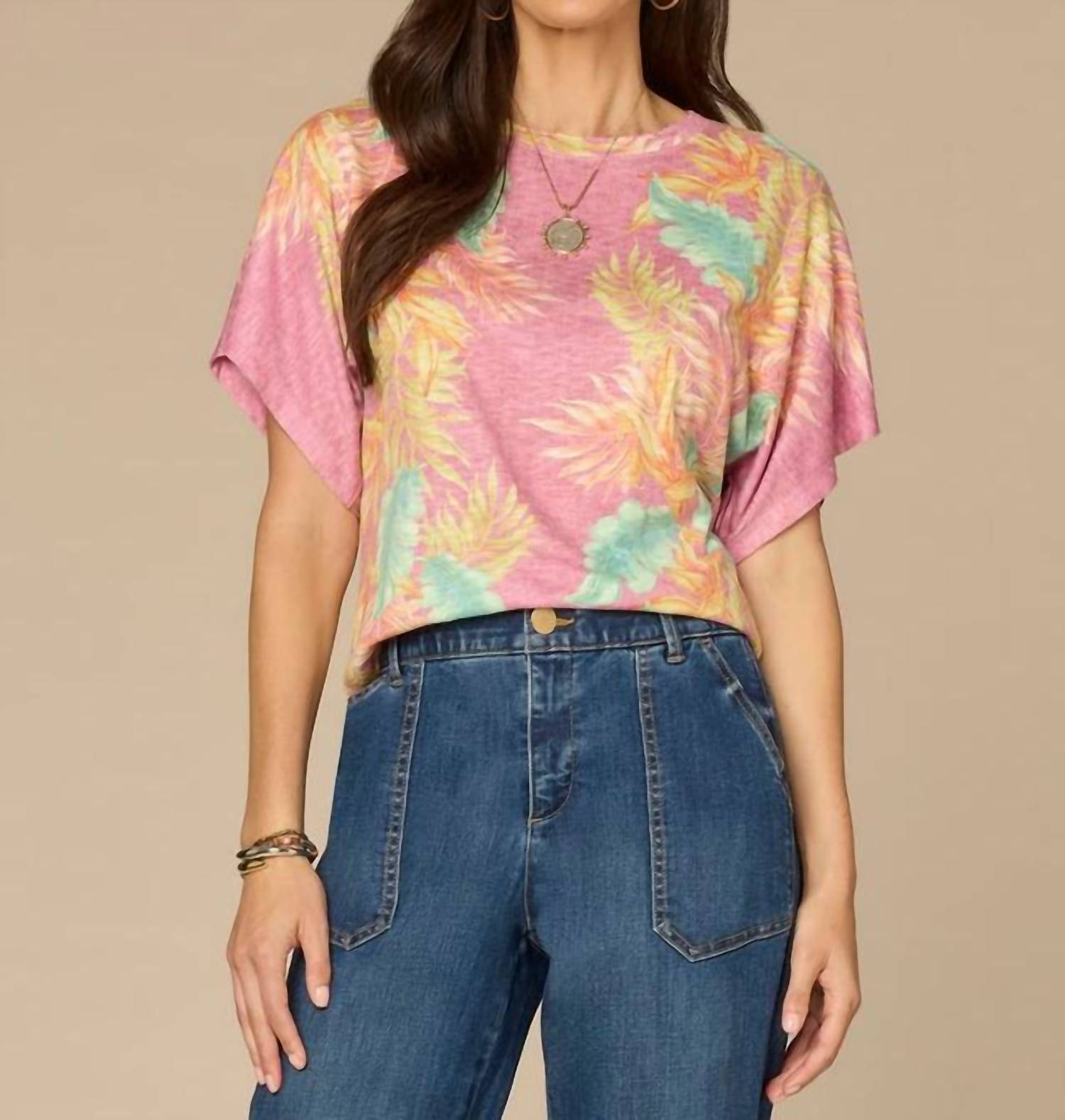Democracy - Short Dolman Sleeve Scoop Neck Printed Top