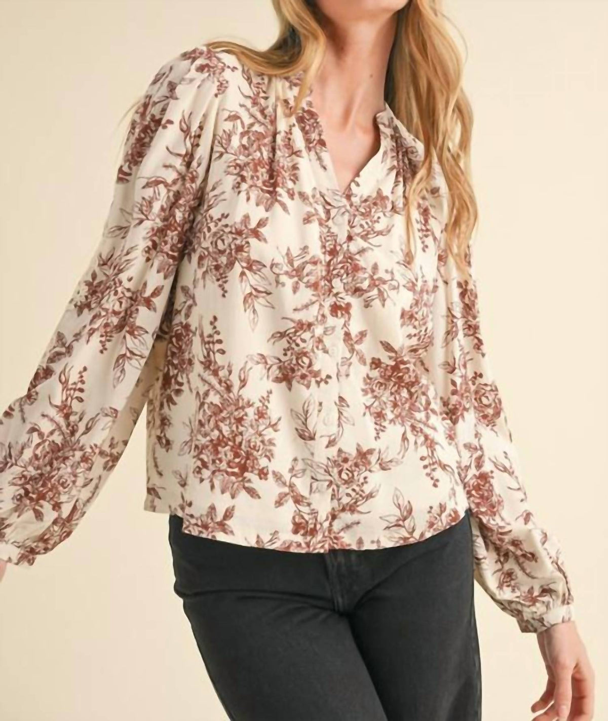 &Merci - Floral Print Lace Eylete Long Sleeve Top