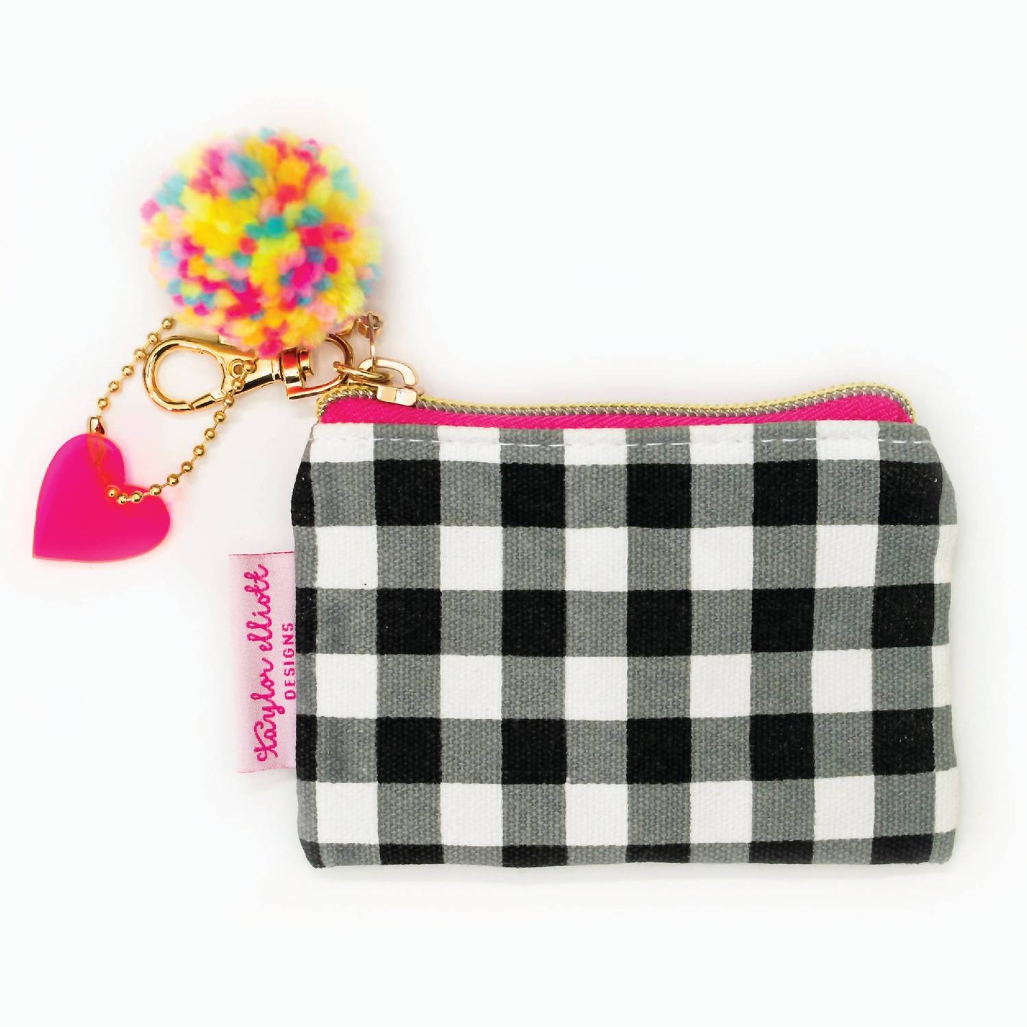 Taylor Elliott Designs - Women's Gingham Card Holder Keychain With Pom And Heart Charm