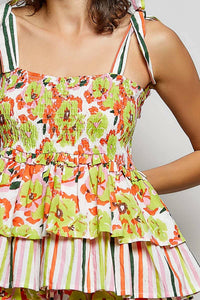 Pol - Shirred Ruffle Adjustable Strap Printed Sleeveless Top