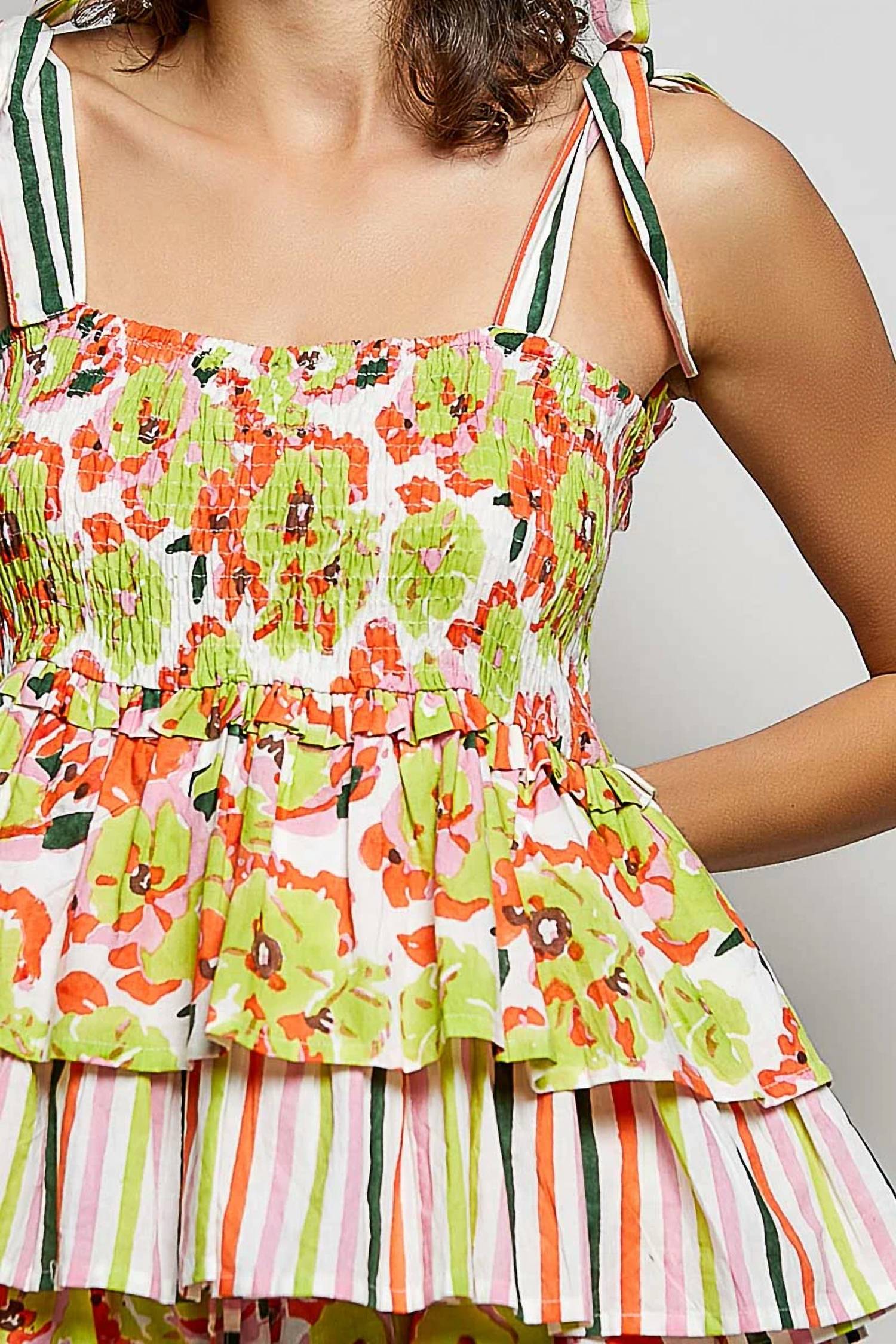 Pol - Shirred Ruffle Adjustable Strap Printed Sleeveless Top