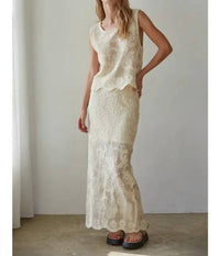 By Together - Woven Cotton Floral Lace Work Midi Skirt