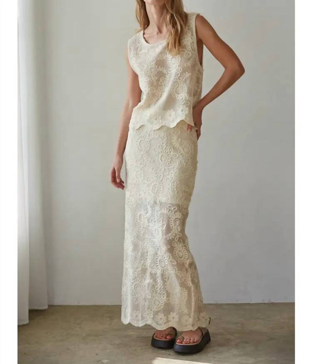 By Together - Woven Cotton Floral Lace Work Midi Skirt