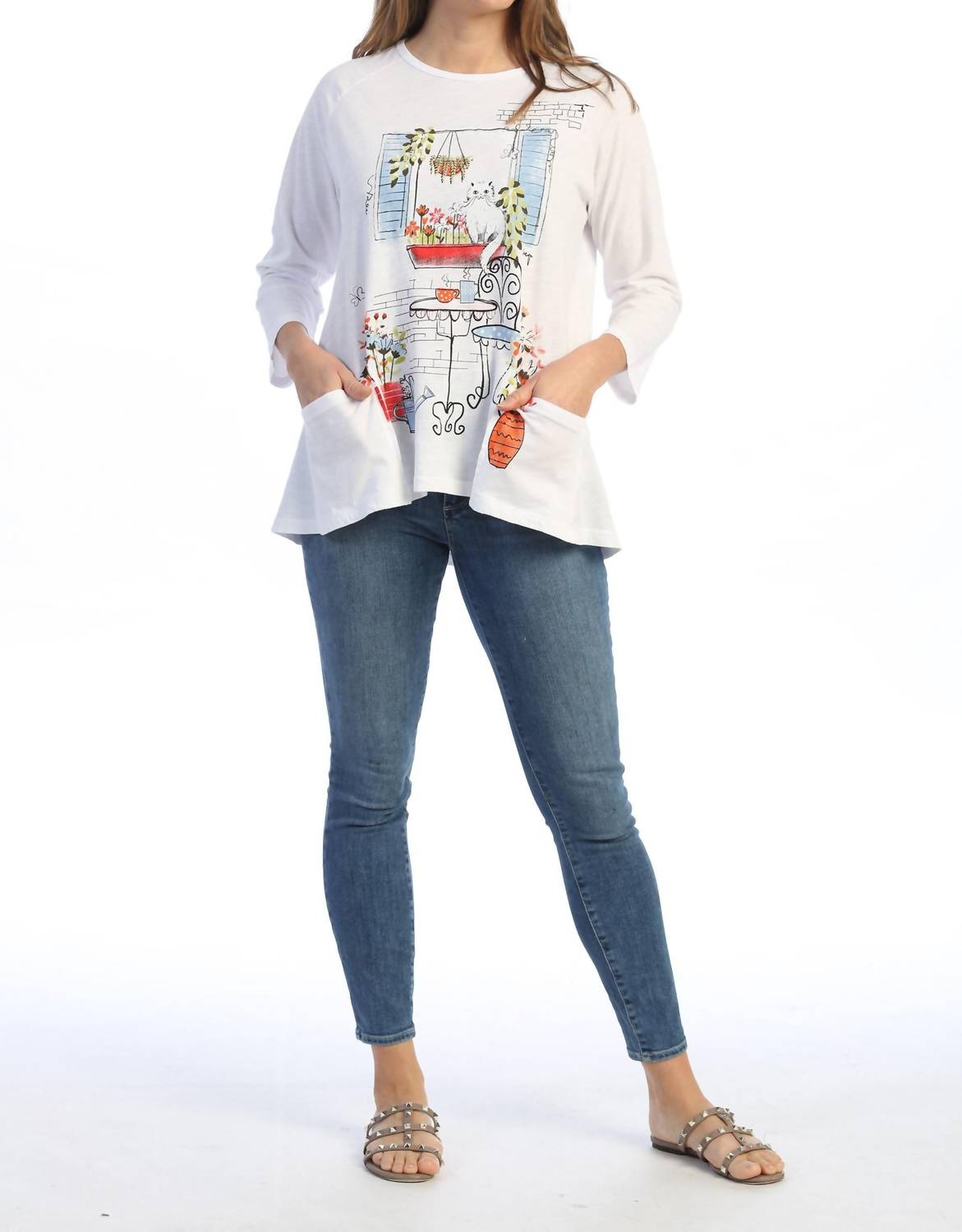 Jess & Jane Terrace Mineral Washed Patch Pocket Cotton Top in white - women's long sleeve top