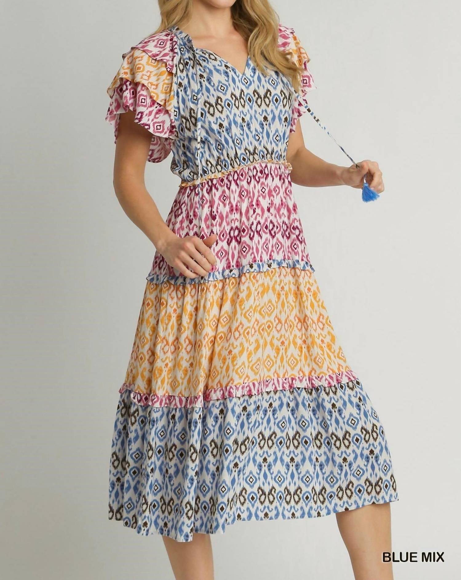 Umgee - Mixed Aztec Print With Tassel Front Tie & Ruffle Sleeves Midi Dress
