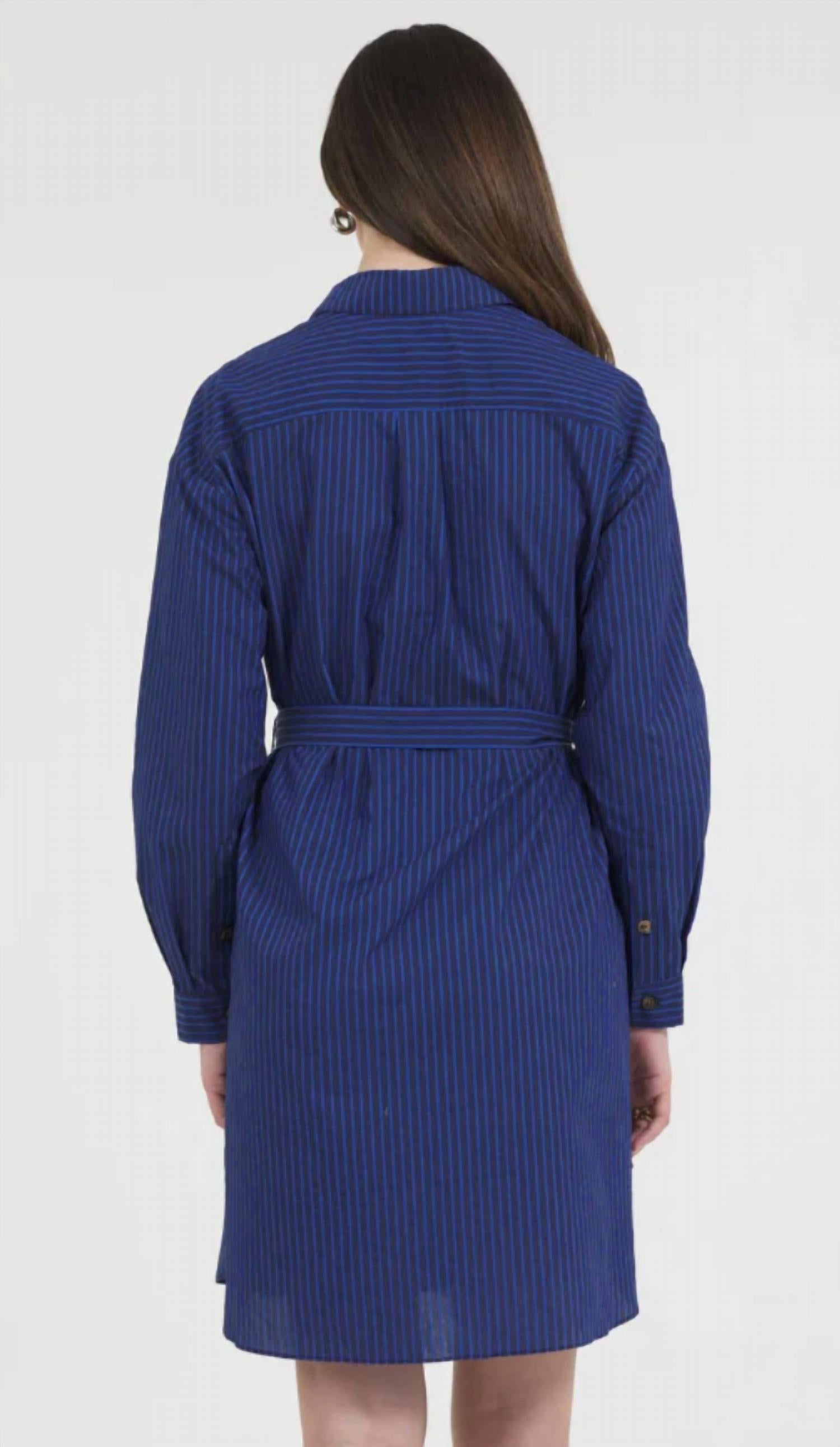 Stellah Cotton Yarn Dye Stripe Button Down Shirt Mini Dress in blue - women's dress - detail view