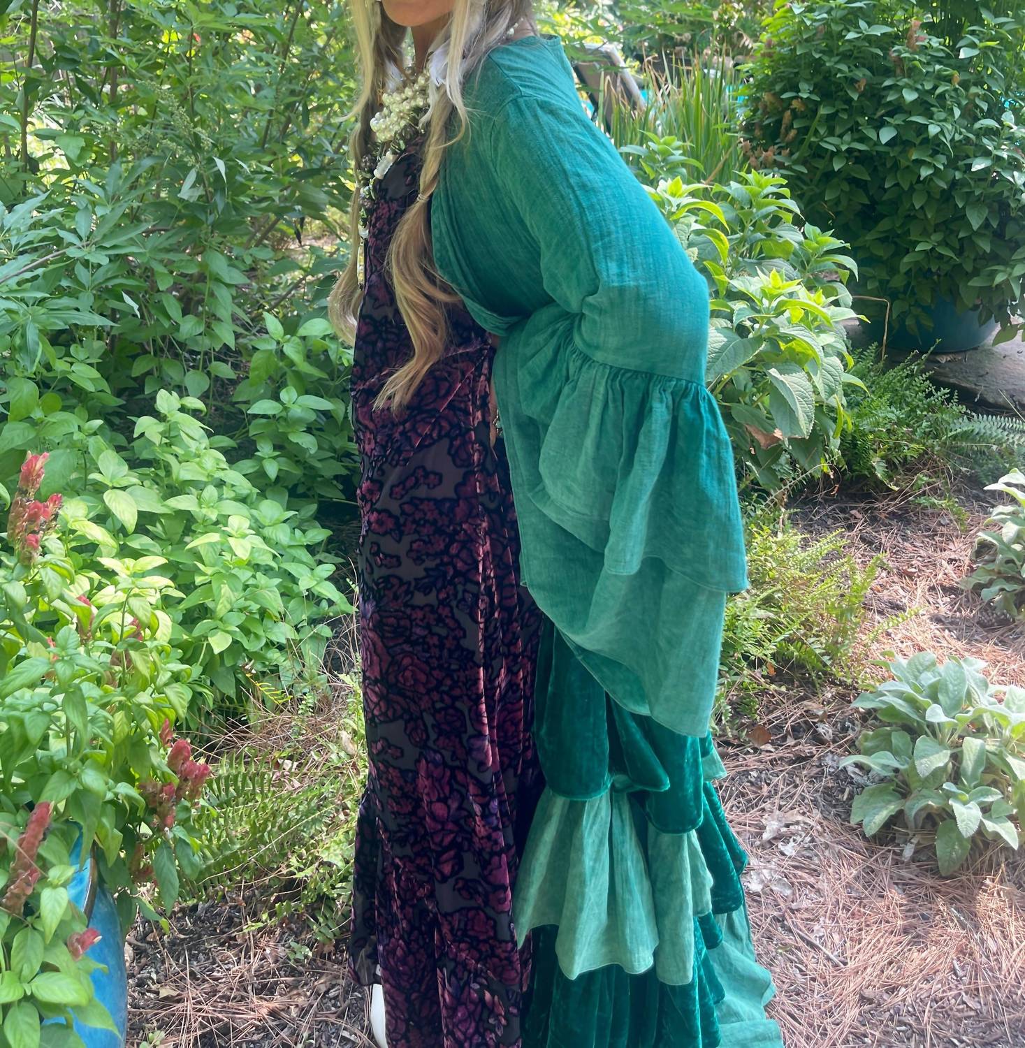 A Rare Bird Burnout Velvet High Low Maxi Dress in magenta - women's dress - detail view