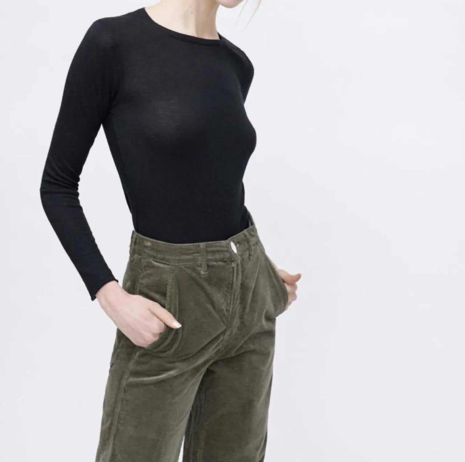 Kokun Solid Fitted Bamboo Crew Top in black - women's sweater - detail view