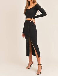 Mable - Spaces Between Long Sleeve Ribbed Top And Fitted Skirt Set