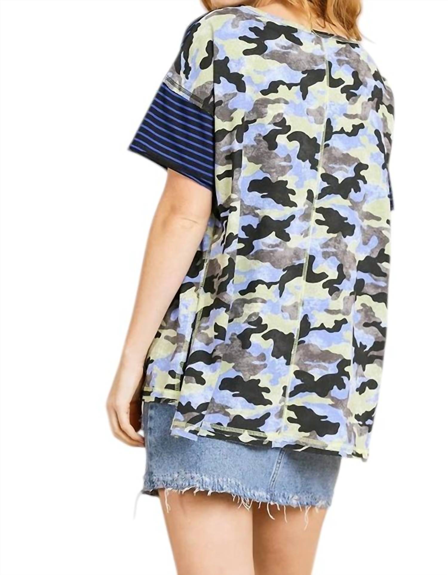 umgee Camo And Striped Top in blue cocoa - women's t-shirt - detail view
