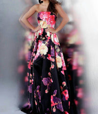 Jovani - Floral Print Pleated Skirt Strapless Prom Dress