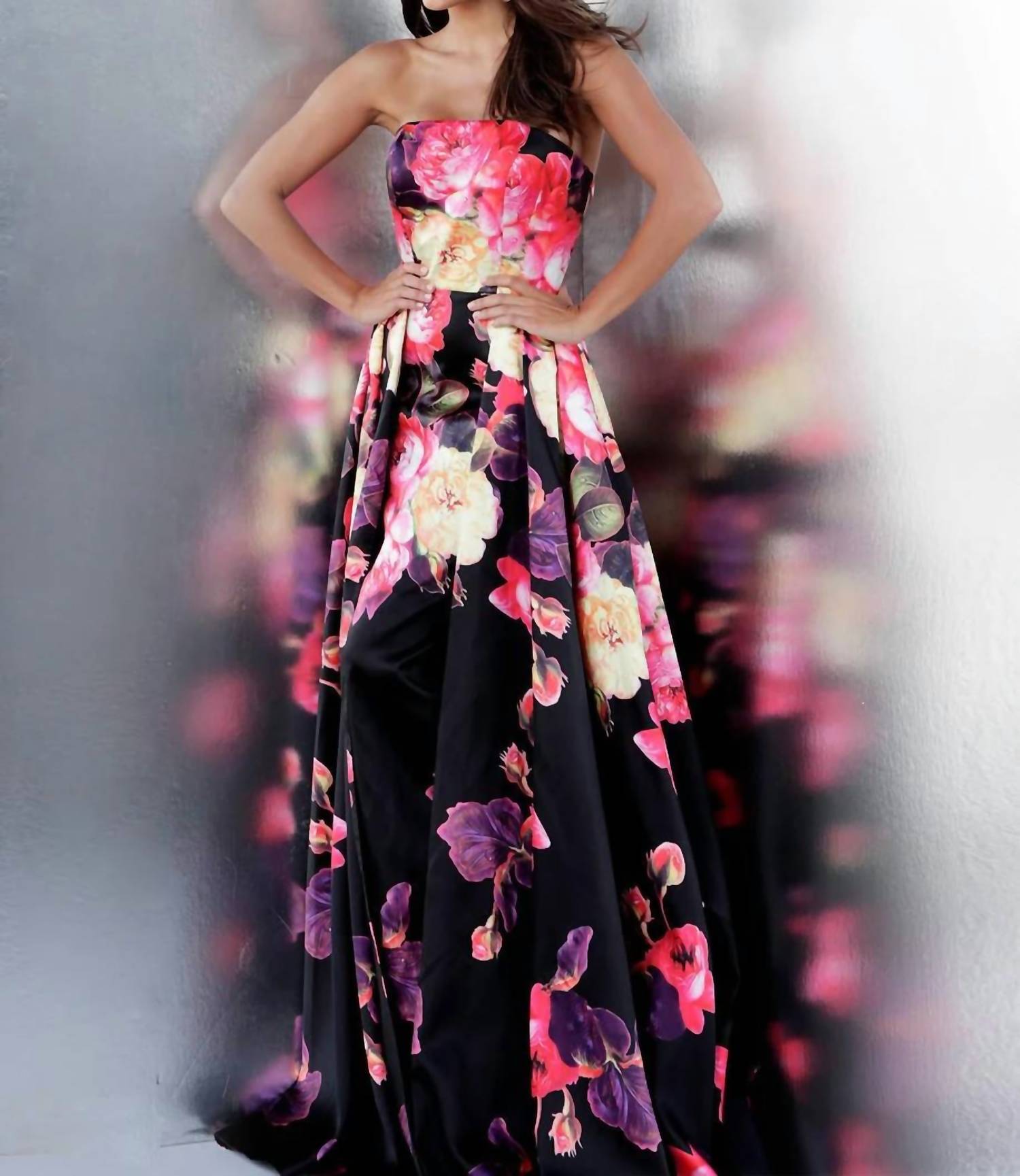 Jovani - Floral Print Pleated Skirt Strapless Prom Dress