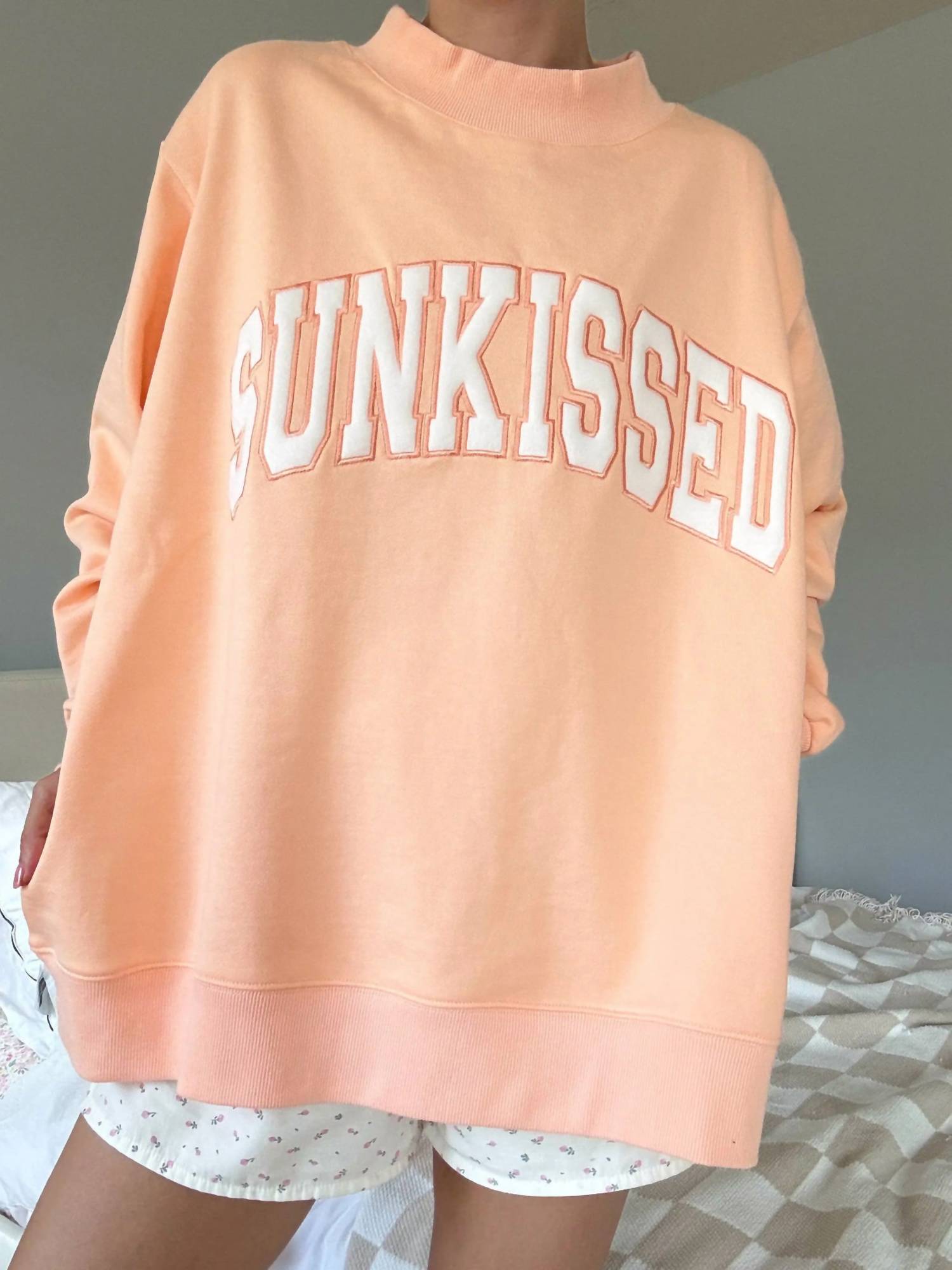 Sunkissed Coconut Junior's Varsity Embroidered Hoodie in sherbert orange - women's top - detail view