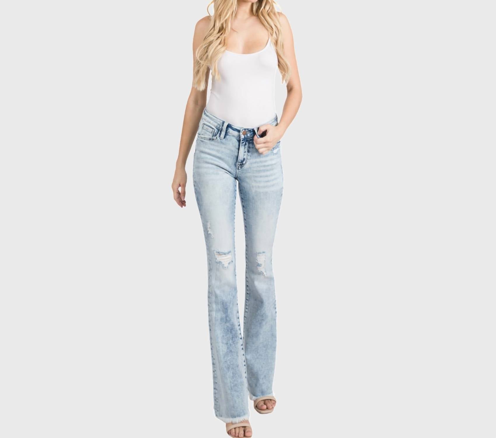 Petra153 - Women's Distressed Mid Rise Flare Jean - Petite