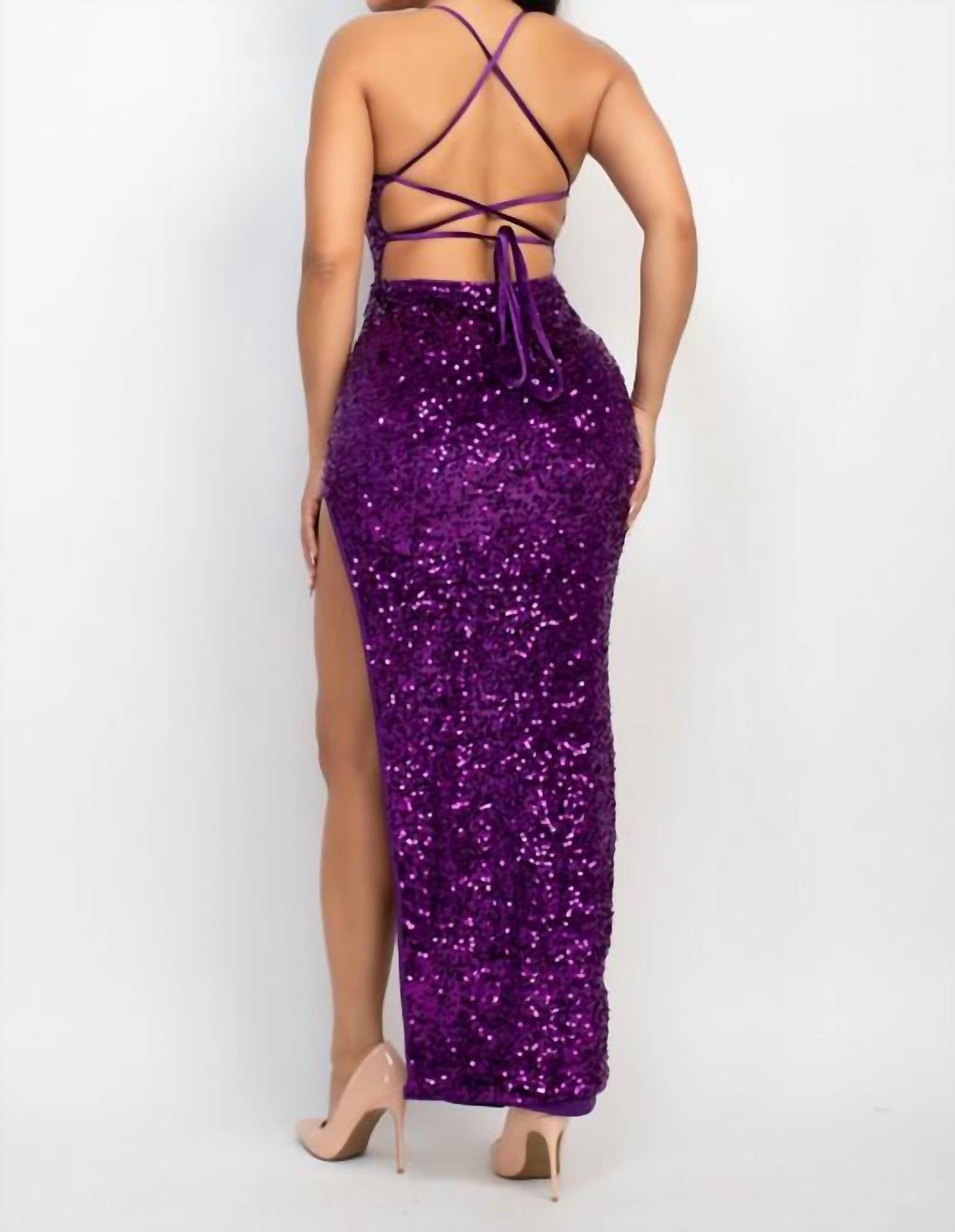 Iris Sequin Back Tie Slit Maxi Dress in purple - women's dress - detail view