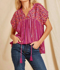 Andree By Unit - Striped Babydoll Embroidered Top
