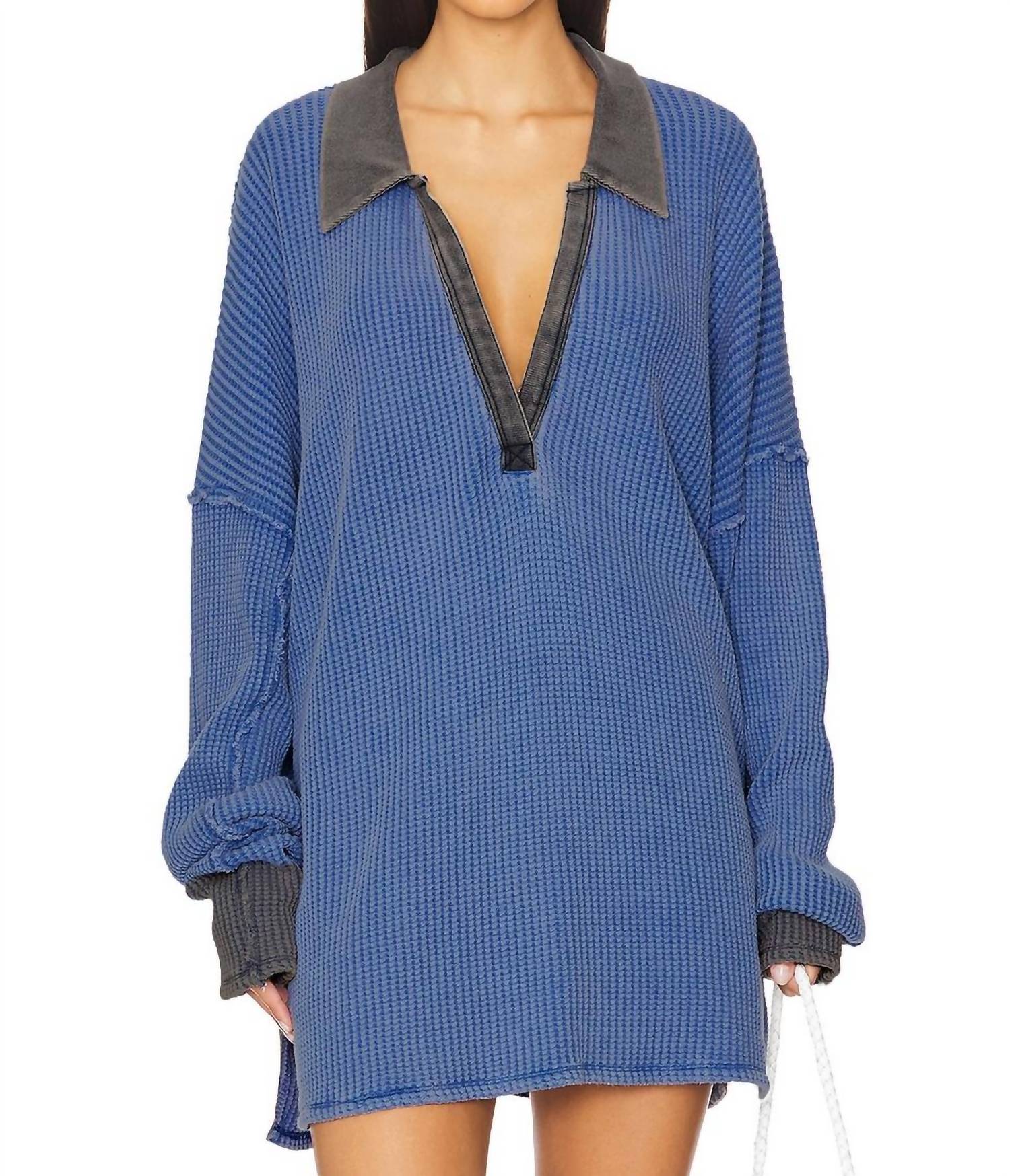 Free People Travis Polo Top in dutch blue - women's sweater