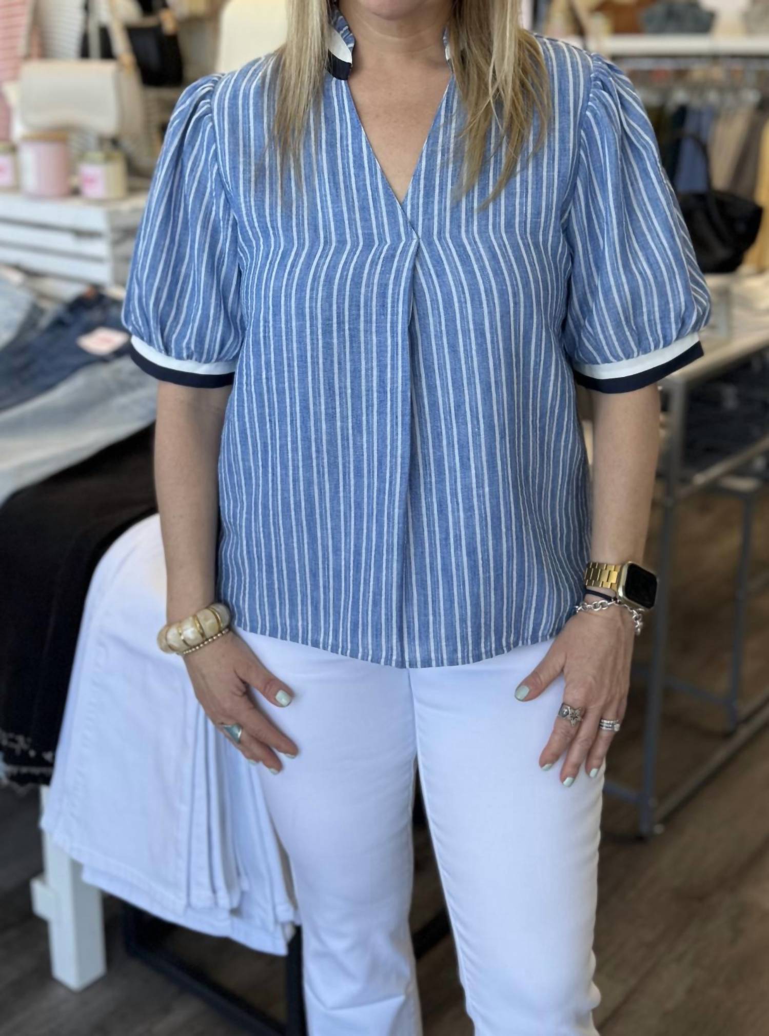 Thml - Short Sleeve Striped V Neck Top