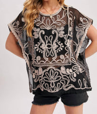 Bluivy - Embroidered Mesh Crochet Top