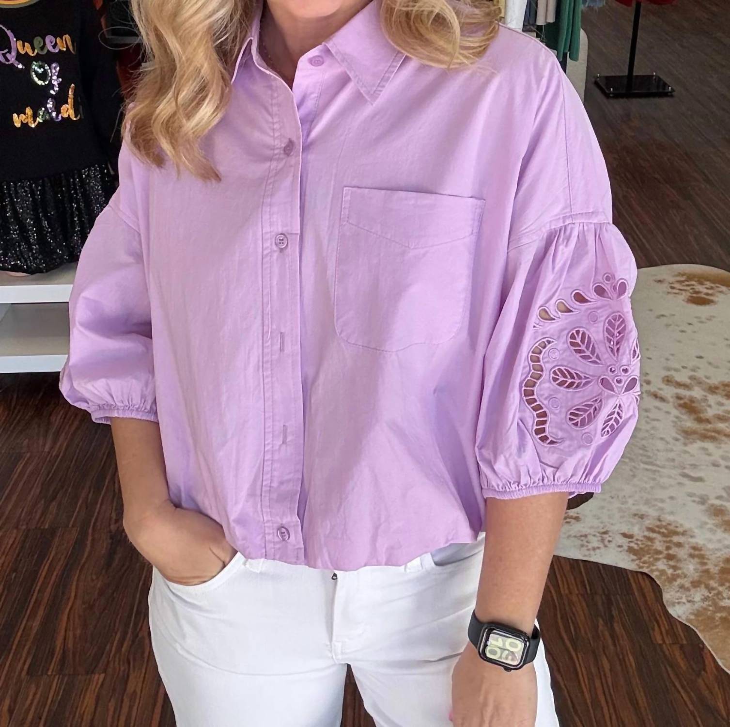 Merci - Cut Out Embroidered Bubble Sleeve Top