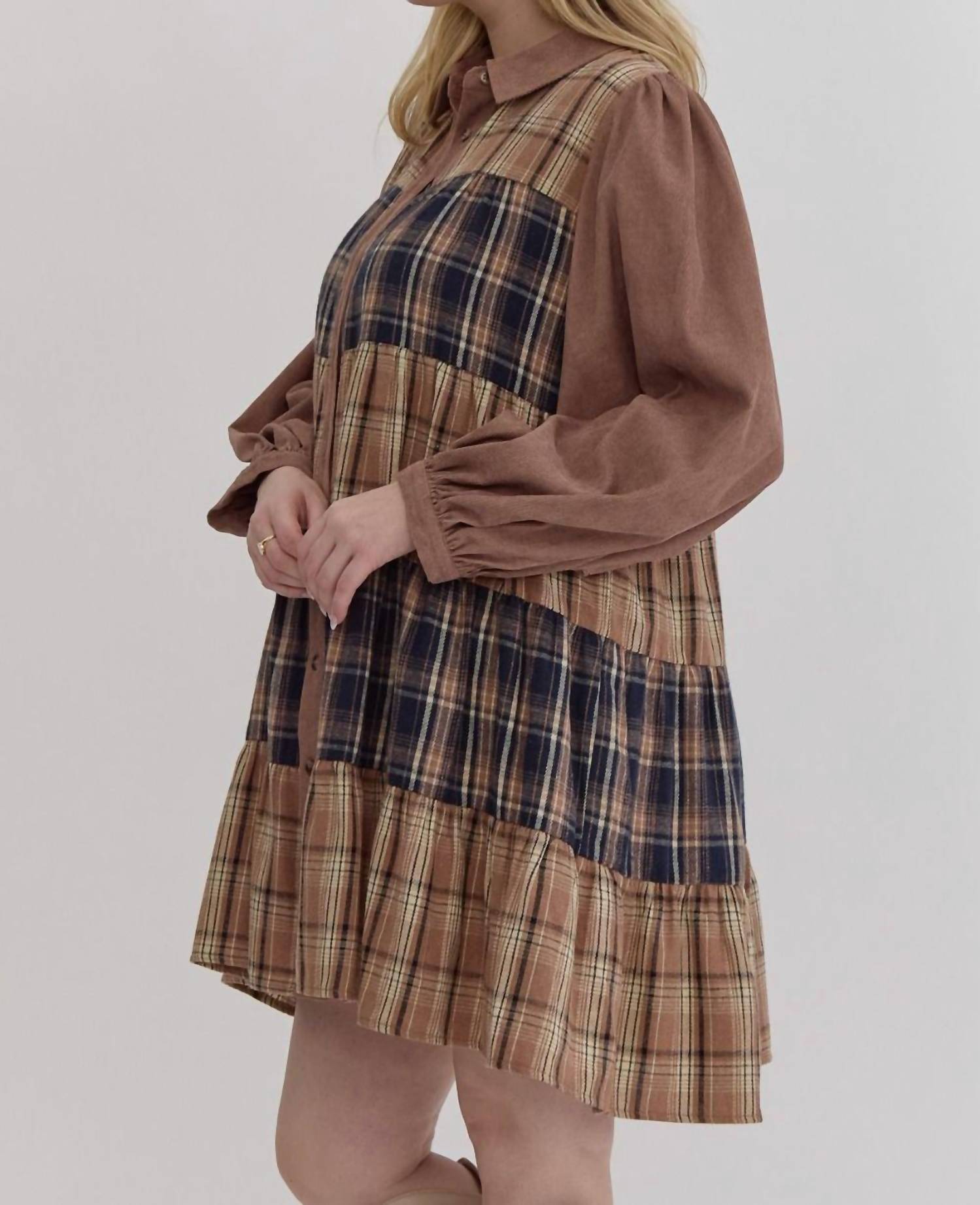 entro Rosalee Corduroy And Plaid Tiered Dress in brown - women's dress - alternate view