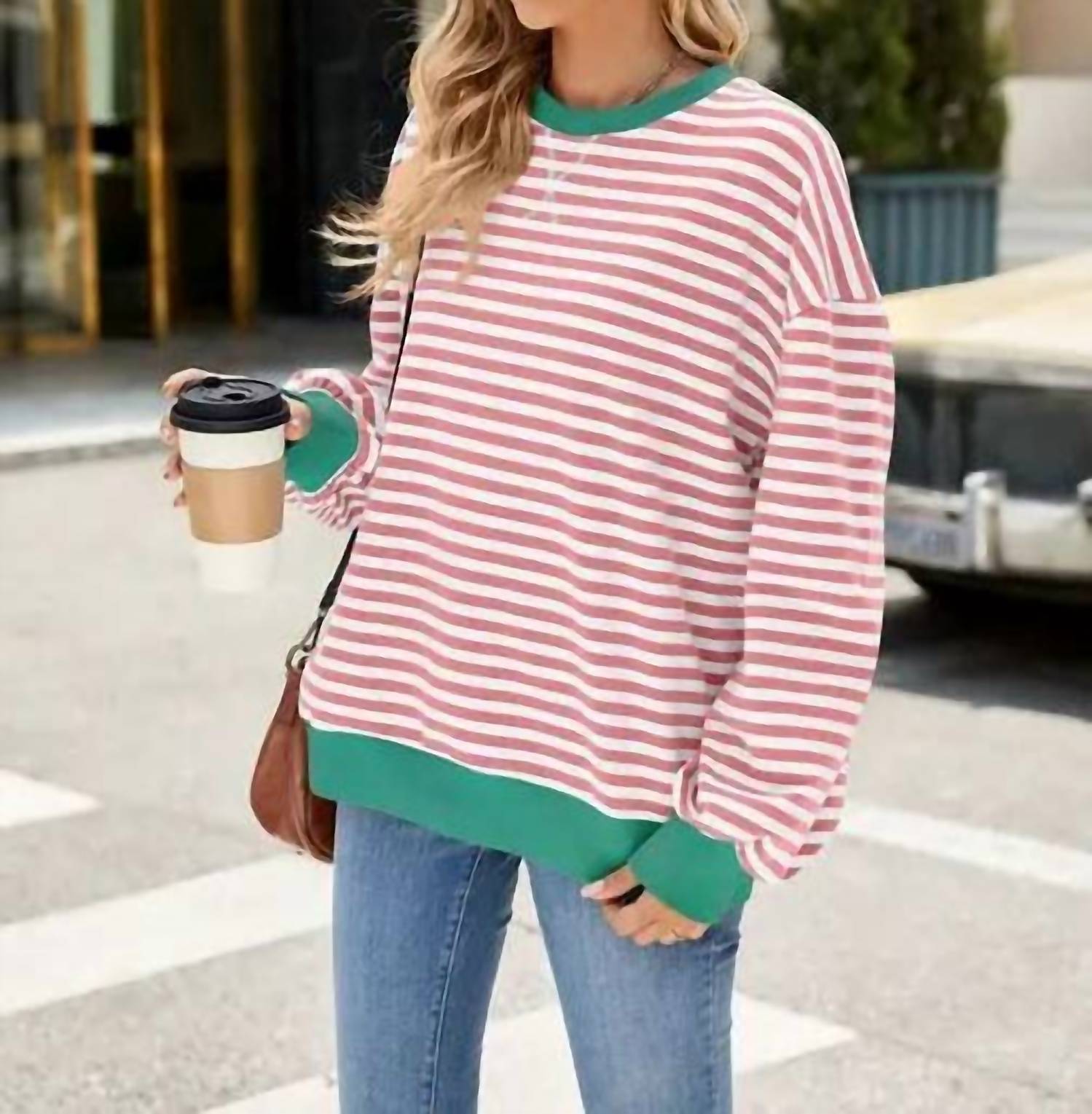 Lily Clothing - Striped Contrast Crewneck Sweatshirt