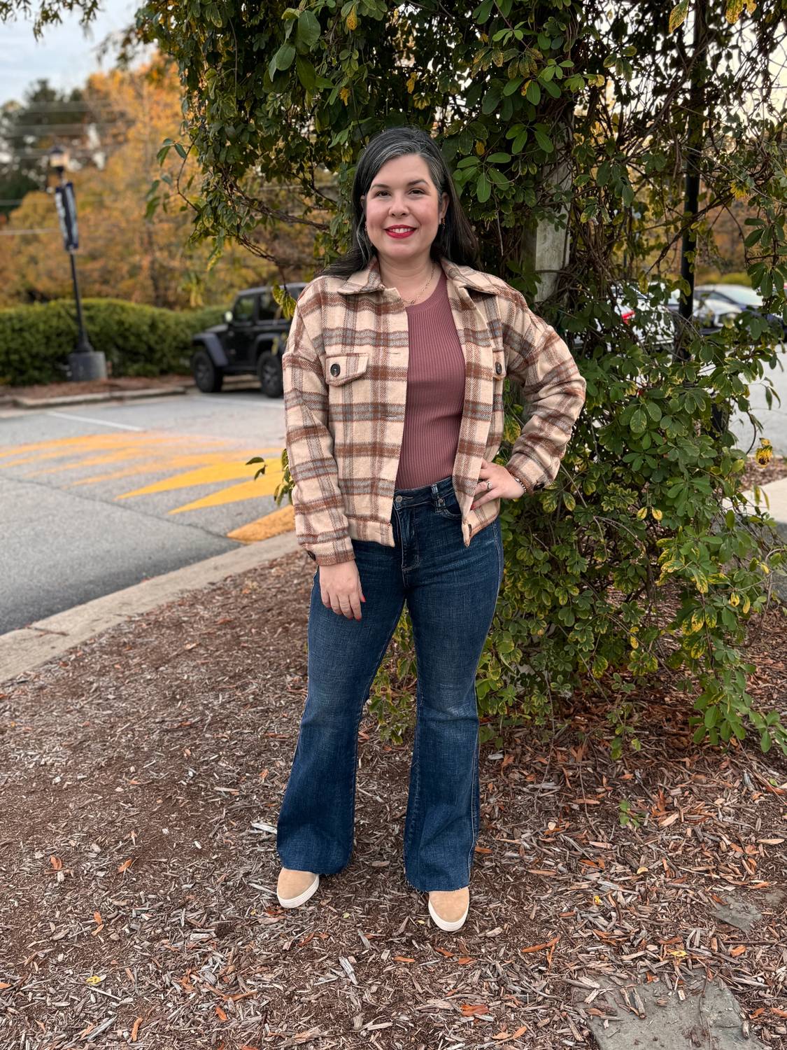 Staccato - Collared Button Plaid Short Jacket