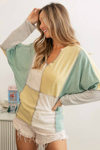 Bibi - Color Block V-Neck Top - Lime/Mint