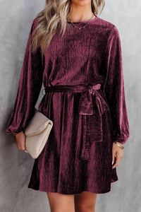 Full Time Purchase Tie Waist Crinkle Velvet Dress in red - women's dress