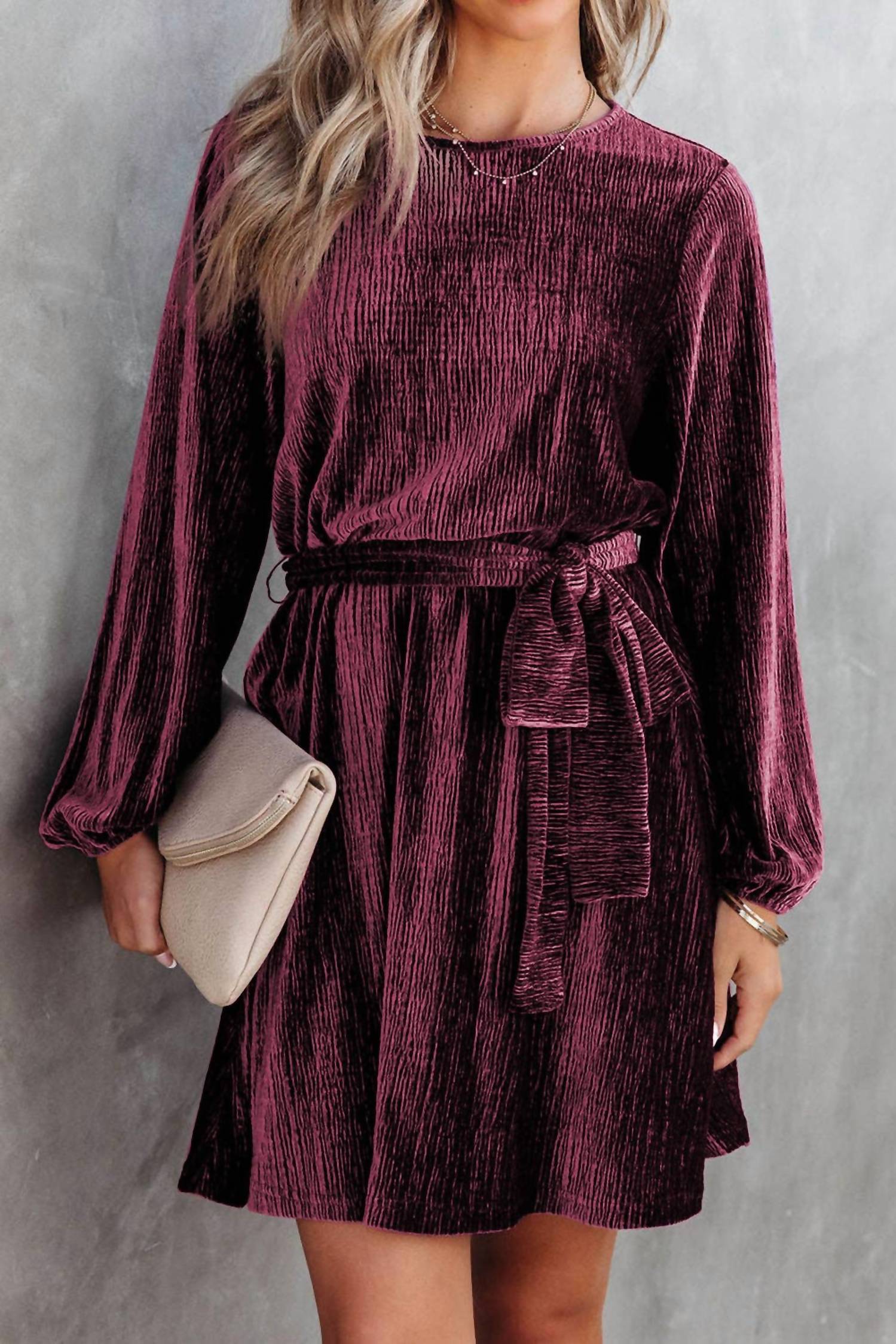 Full Time Purchase Tie Waist Crinkle Velvet Dress in red - women's dress