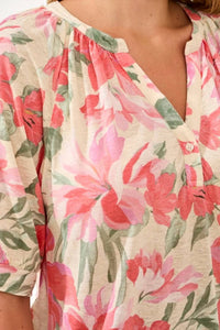 Tribal - Printed Linen Elbow Sleeve Henley Blouse
