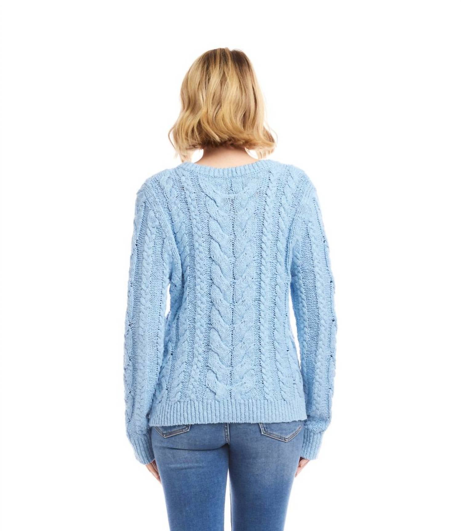 Karen Kane Cable Knit Long Sleeve Sweater in blue - women's sweater - detail view