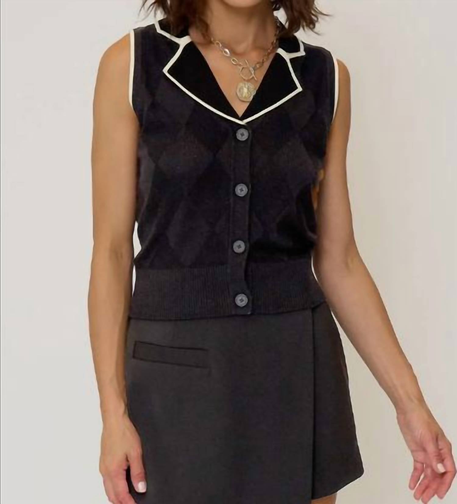 Central Park West Olive Diamond Stitch Vest in black - women's jacket - view 6